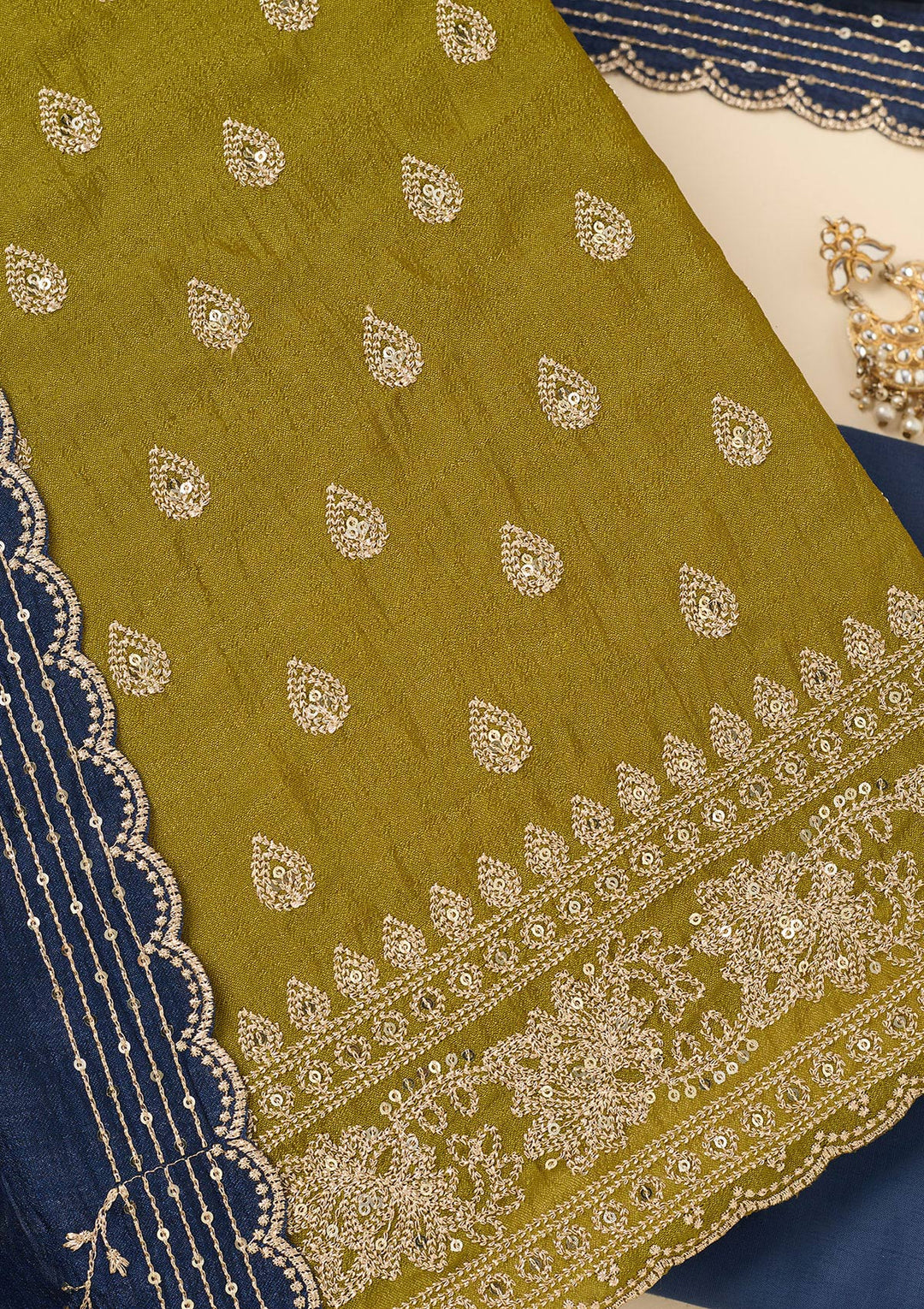 Parrot Green Zariwork Soft Raw Silk Unstitched Salwar Suit