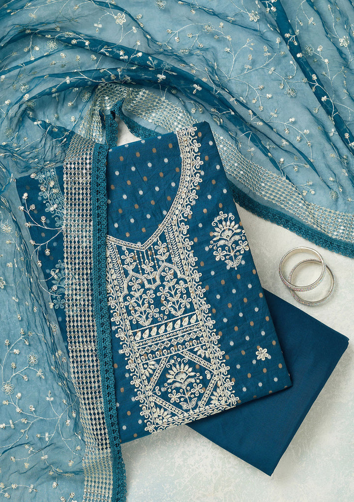 Peacock Blue Metallic Embroidery Chanderi Unstitched Salwar Suit