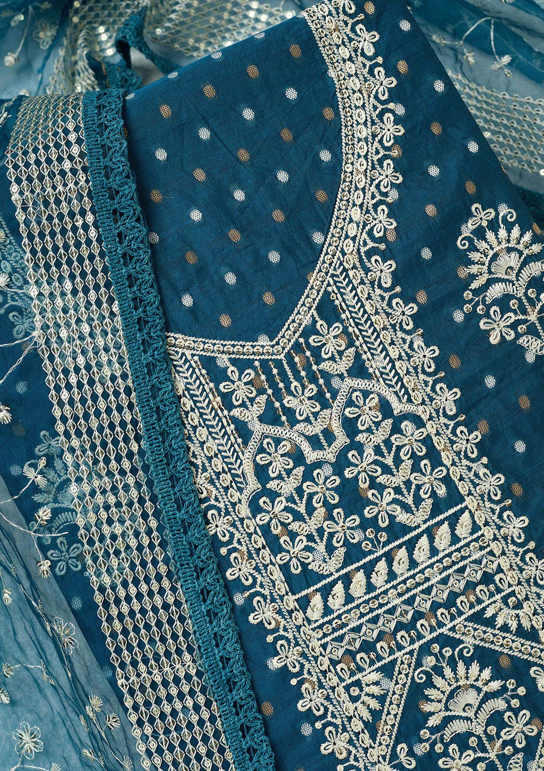 Peacock Blue Metallic Embroidery Chanderi Unstitched Salwar Suit
