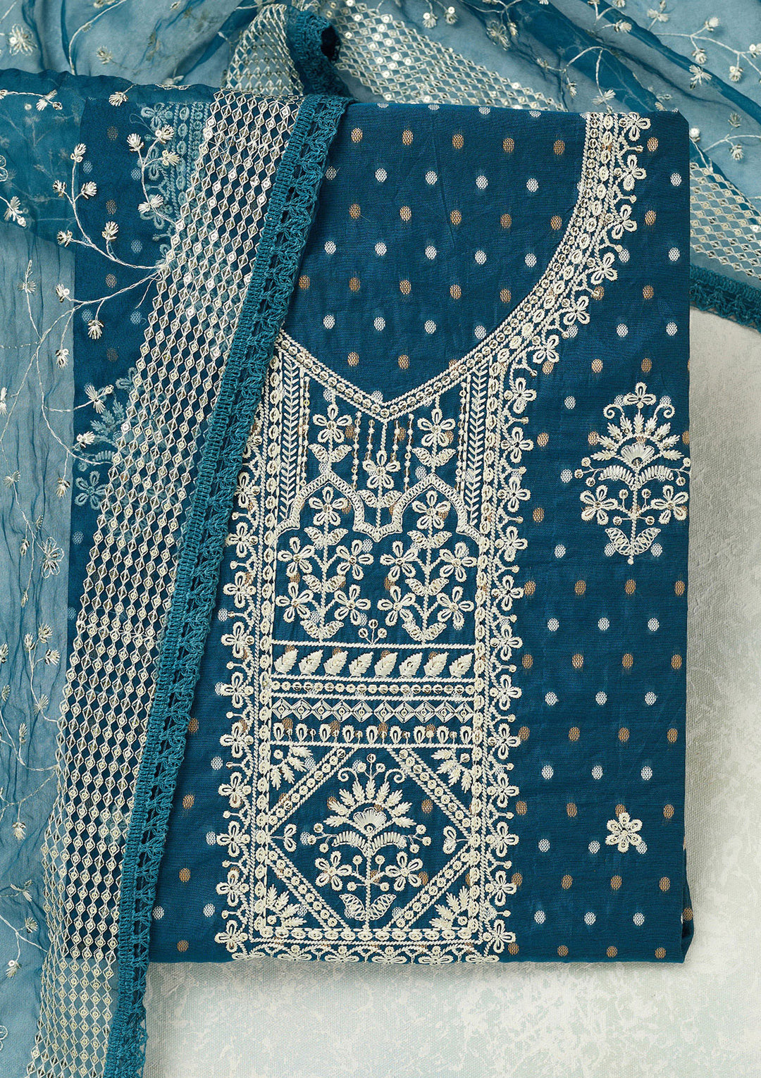 Peacock Blue Metallic Embroidery Chanderi Unstitched Salwar Suit