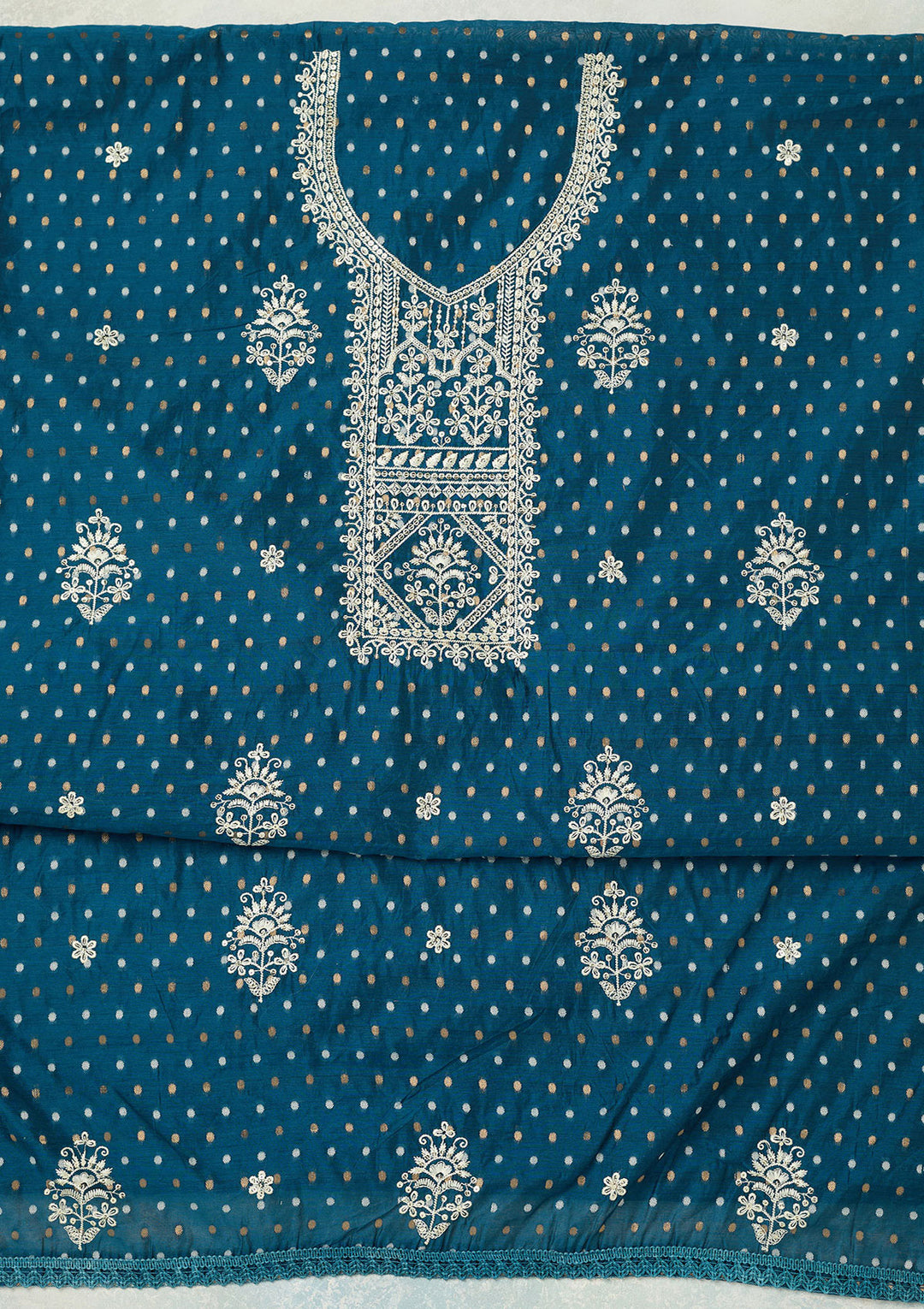 Peacock Blue Metallic Embroidery Chanderi Unstitched Salwar Suit