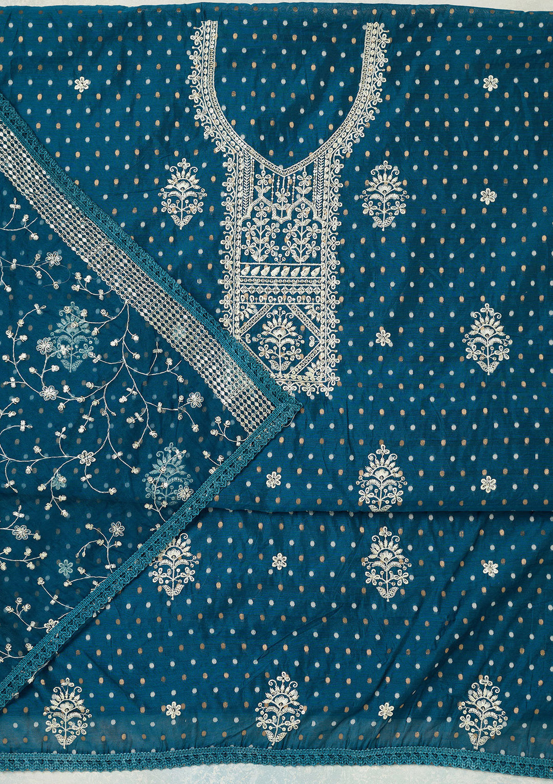 Peacock Blue Metallic Embroidery Chanderi Unstitched Salwar Suit
