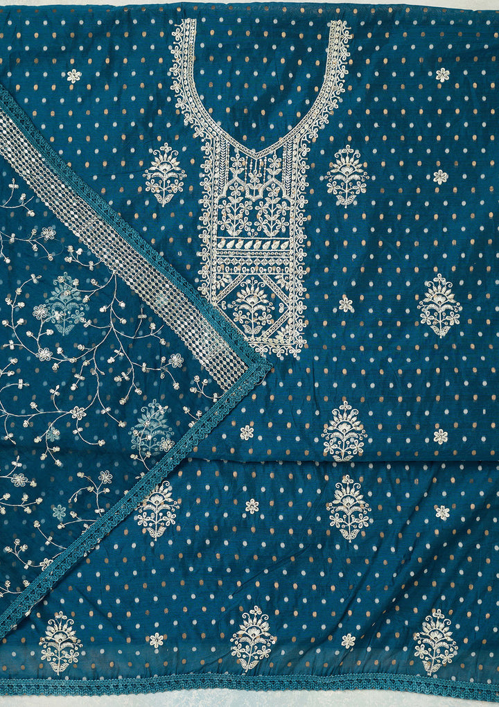 Peacock Blue Metallic Embroidery Chanderi Unstitched Salwar Suit