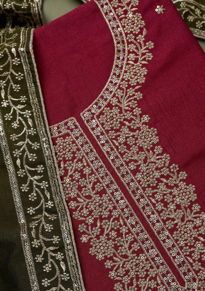 Magenta Pink Zariwork Soft Raw Silk Unstitched Salwar Suit