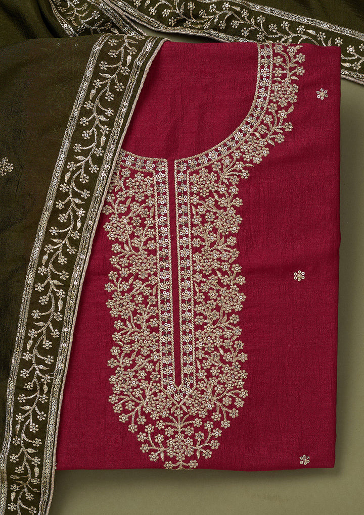Magenta Pink Zariwork Soft Raw Silk Unstitched Salwar Suit