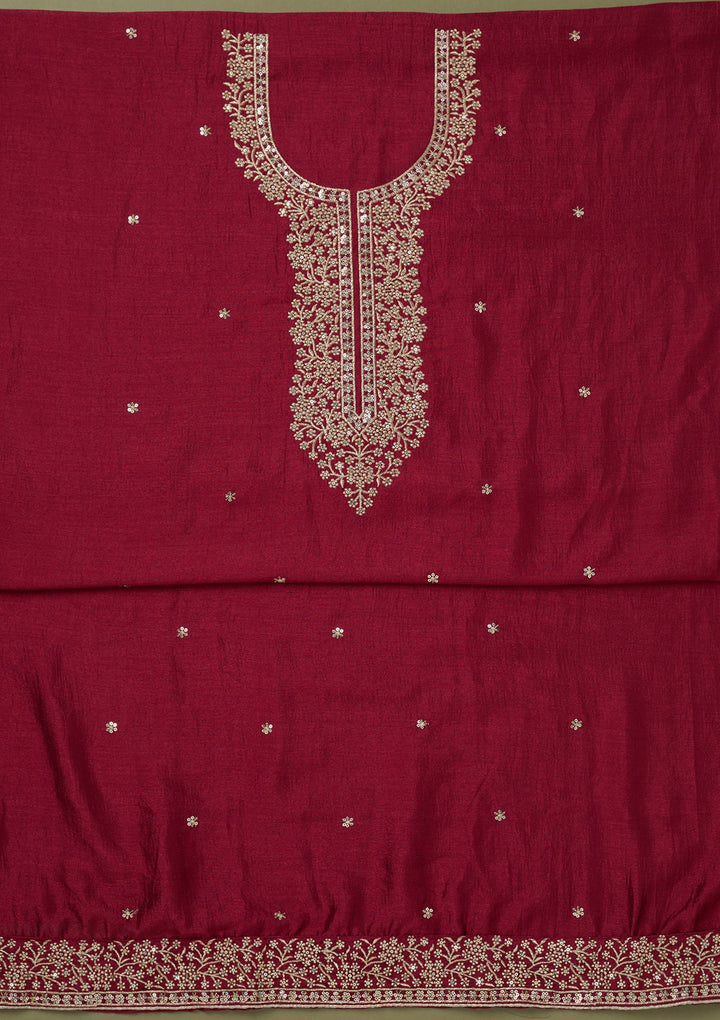 Magenta Pink Zariwork Soft Raw Silk Unstitched Salwar Suit
