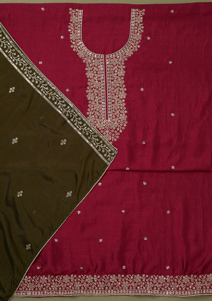 Magenta Pink Zariwork Soft Raw Silk Unstitched Salwar Suit