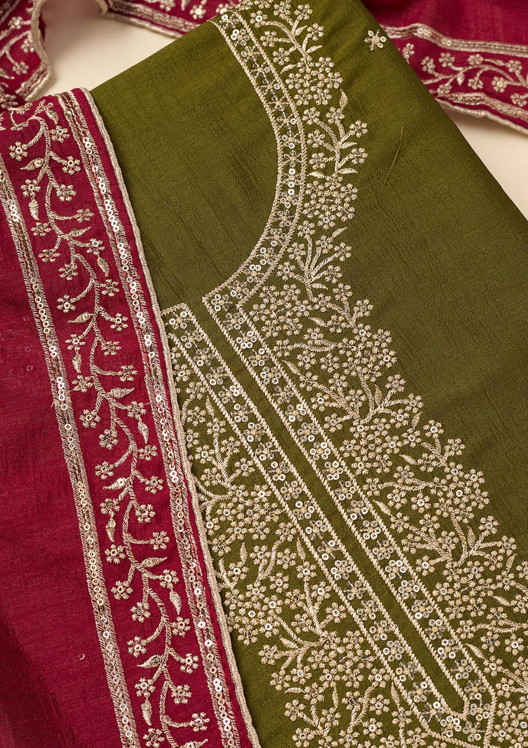 Mehendi Zariwork Soft Raw Silk Unstitched Salwar Suit