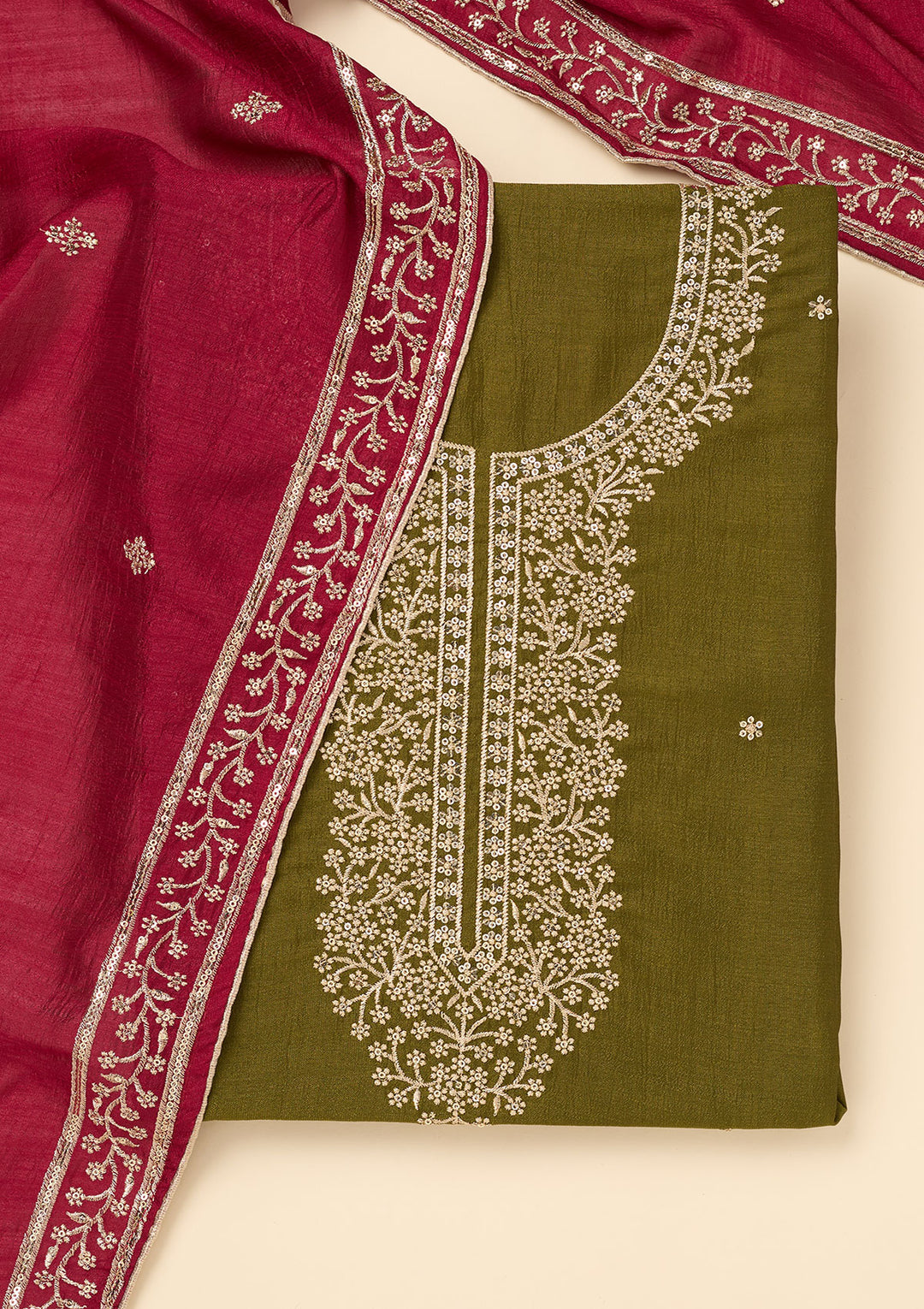 Mehendi Zariwork Soft Raw Silk Unstitched Salwar Suit