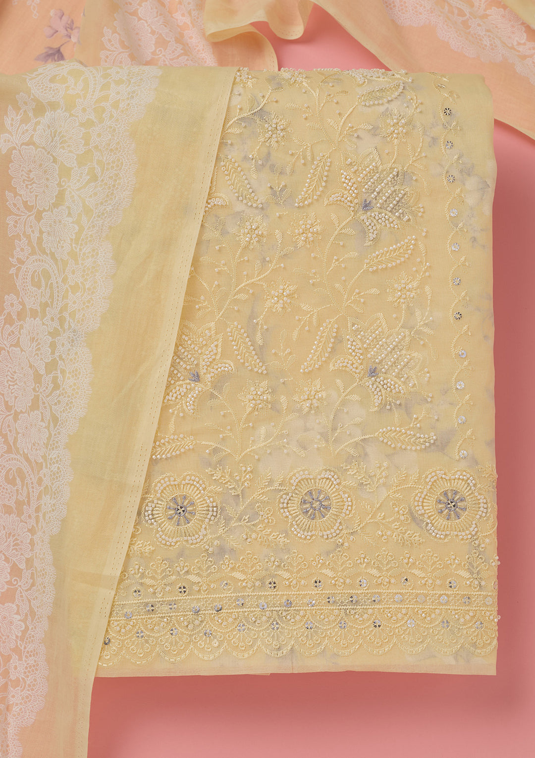 Lemon Yellow Threadwork Cotton Unstitched Salwar Suit