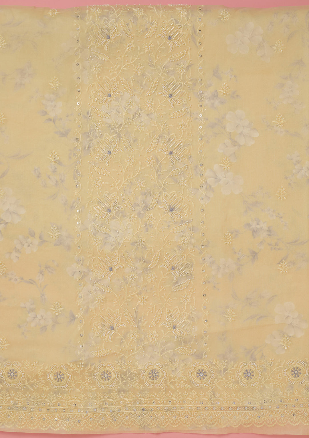 Lemon Yellow Threadwork Cotton Unstitched Salwar Suit