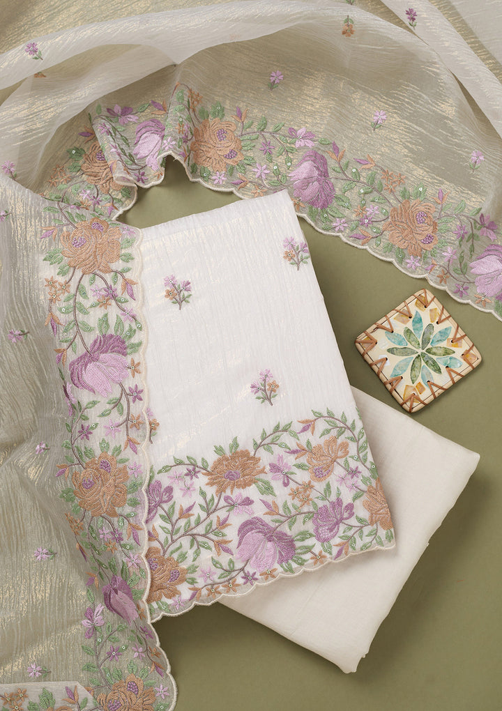 Beige Threadwork Tissue Unstitched Salwar Suit