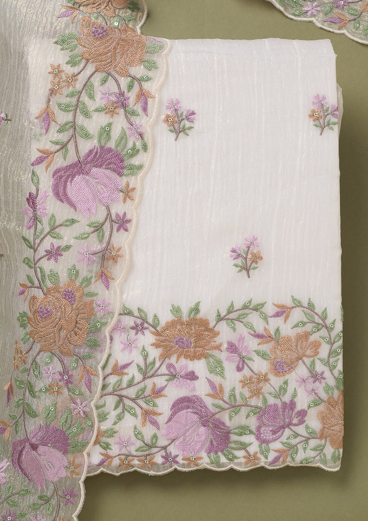 Beige Threadwork Tissue Unstitched Salwar Suit