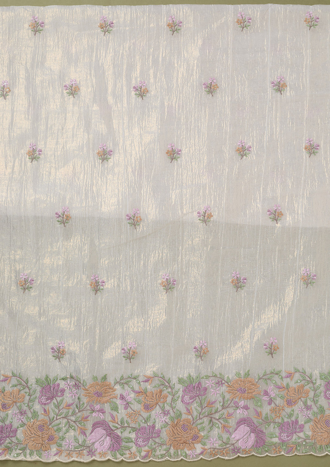 Beige Threadwork Tissue Unstitched Salwar Suit