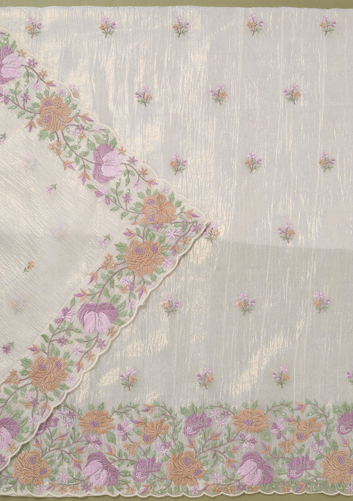 Beige Threadwork Tissue Unstitched Salwar Suit