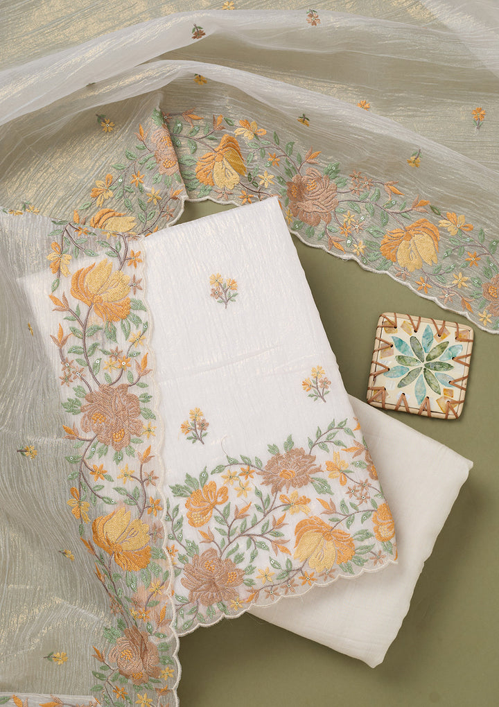 Beige Threadwork Tissue Unstitched Salwar Suit