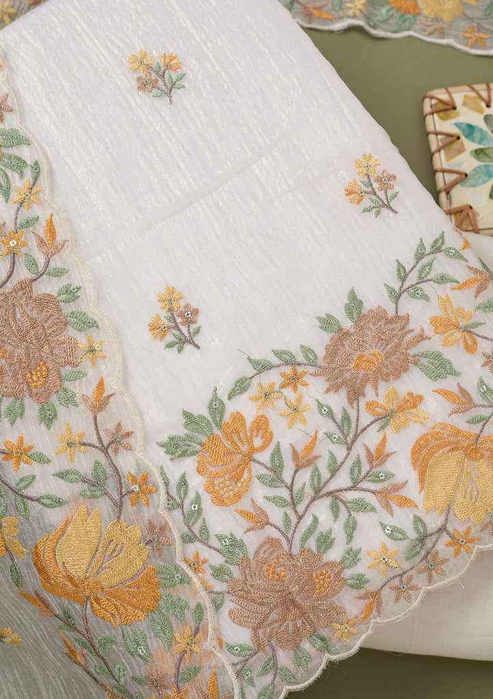 Beige Threadwork Tissue Unstitched Salwar Suit