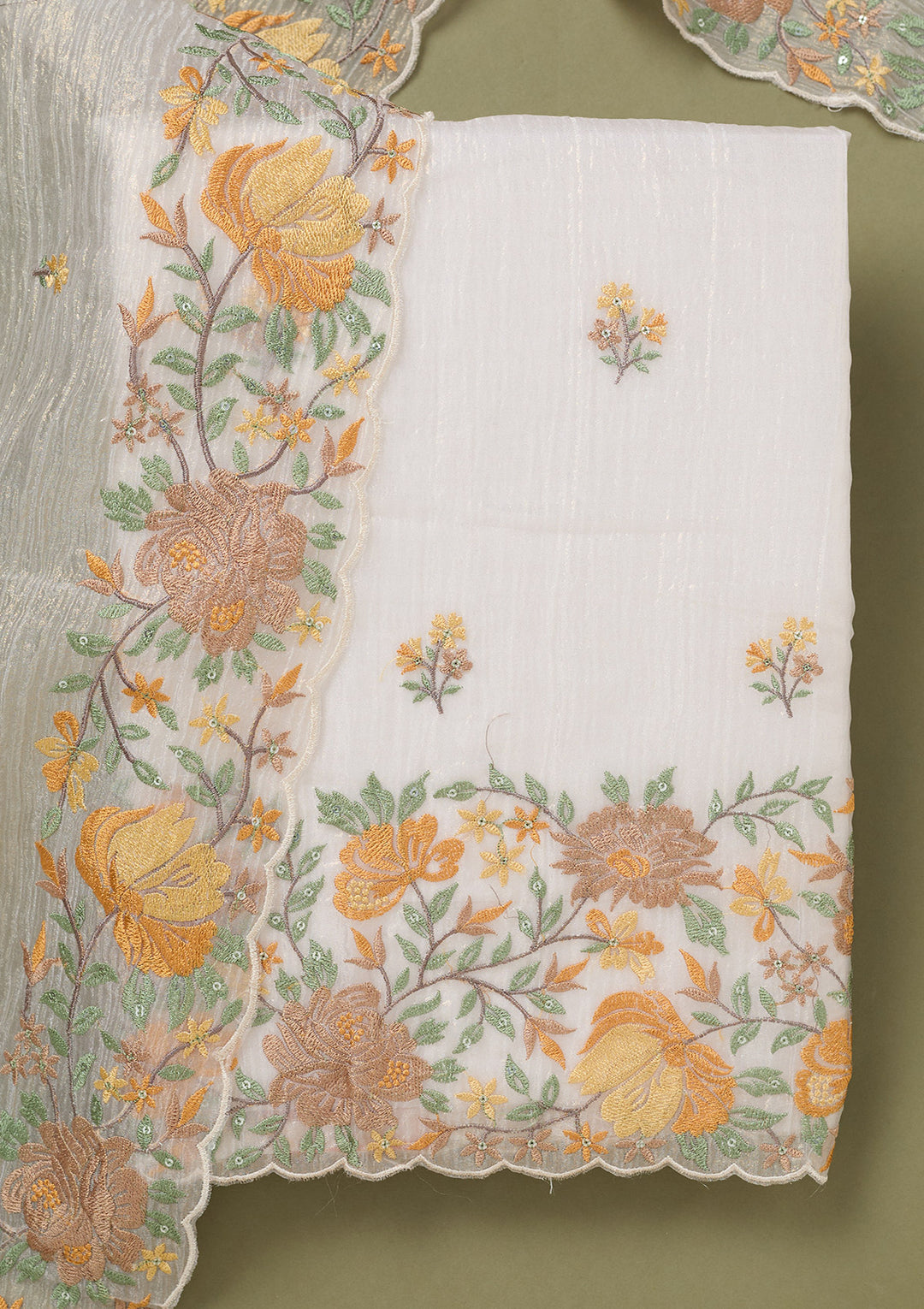 Beige Threadwork Tissue Unstitched Salwar Suit