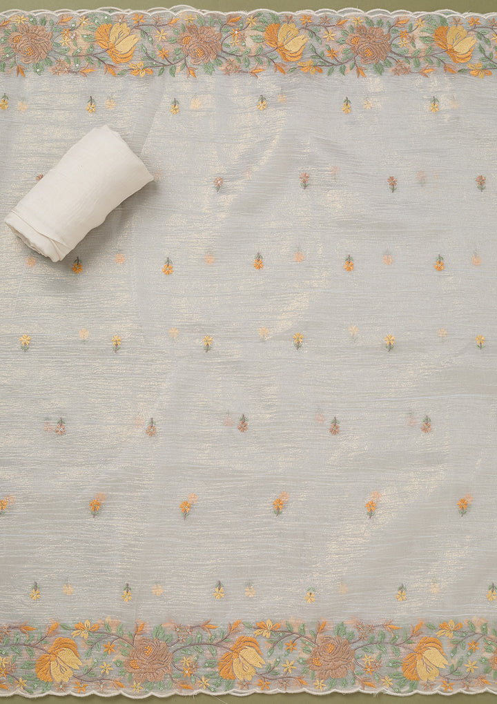 Beige Threadwork Tissue Unstitched Salwar Suit