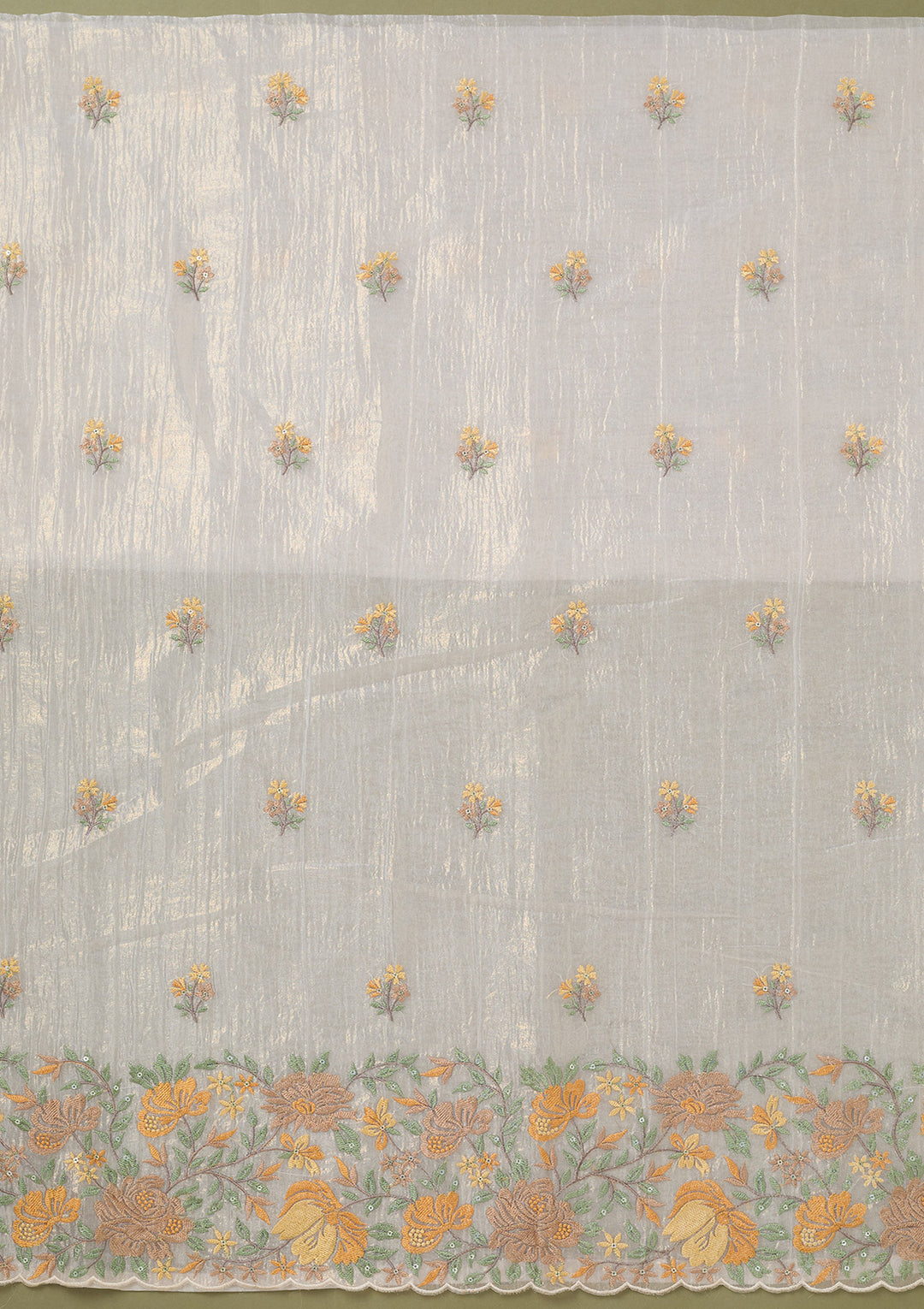 Beige Threadwork Tissue Unstitched Salwar Suit