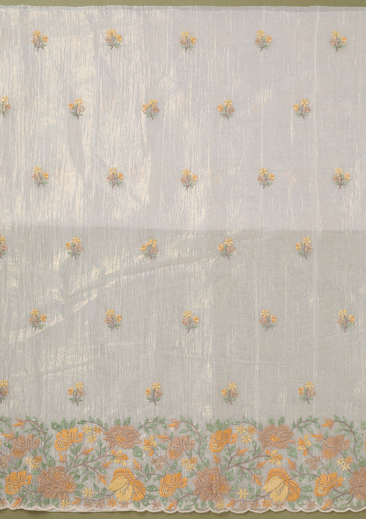 Beige Threadwork Tissue Unstitched Salwar Suit