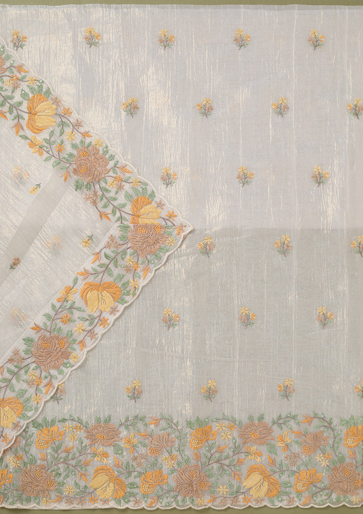 Beige Threadwork Tissue Unstitched Salwar Suit