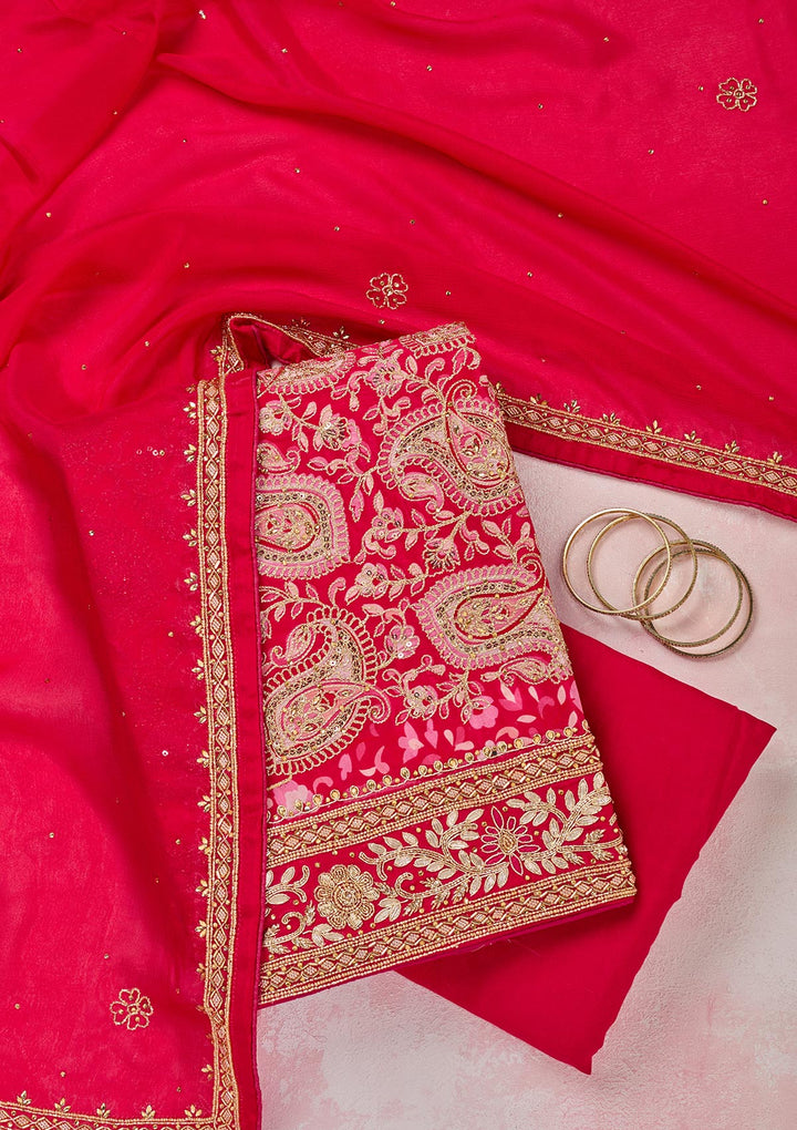 Rani Pink Stonework Semi Crepe Unstitched Salwar Suit