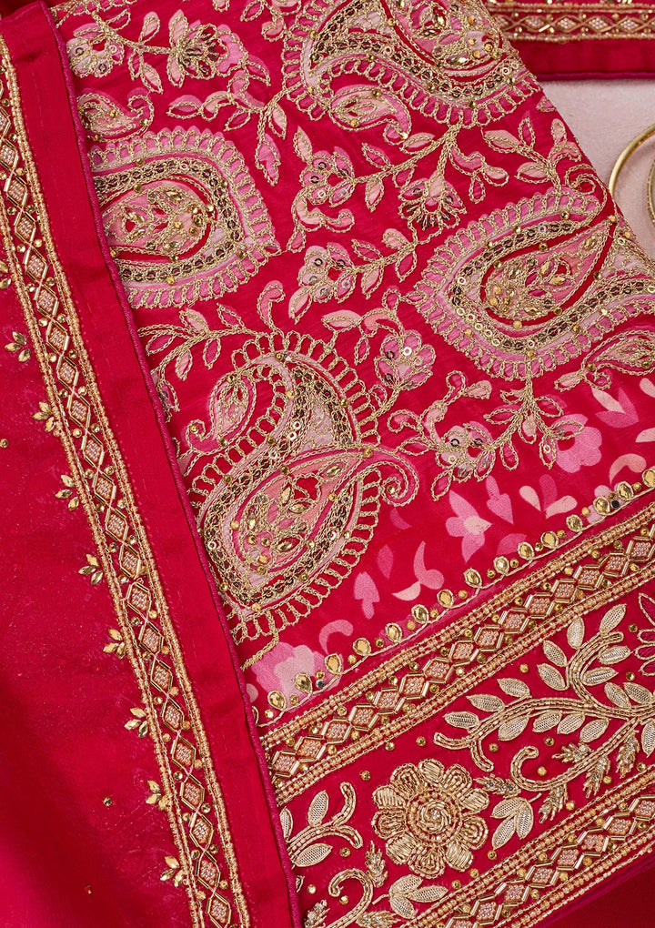 Rani Pink Stonework Semi Crepe Unstitched Salwar Suit