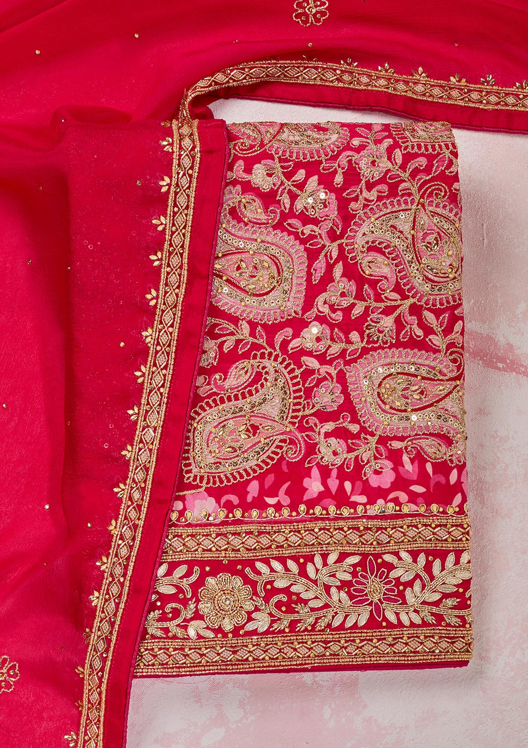 Rani Pink Stonework Semi Crepe Unstitched Salwar Suit