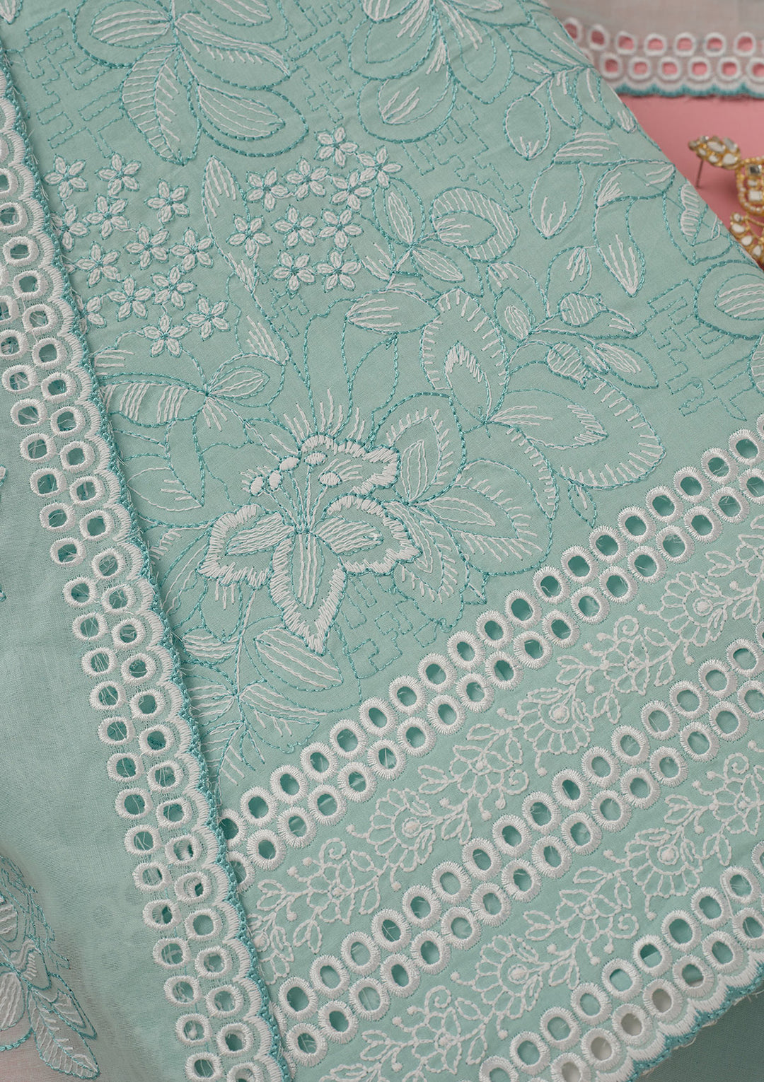 Sky Blue Threadwork Cotton Unstitched Salwar Suit