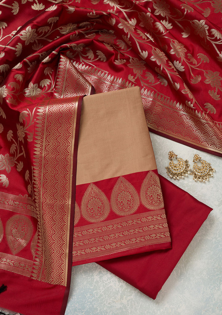 Beige Zariwork (Gold) Banarasi Unstitched Salwar Suit