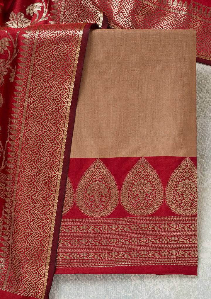 Beige Zariwork (Gold) Banarasi Unstitched Salwar Suit