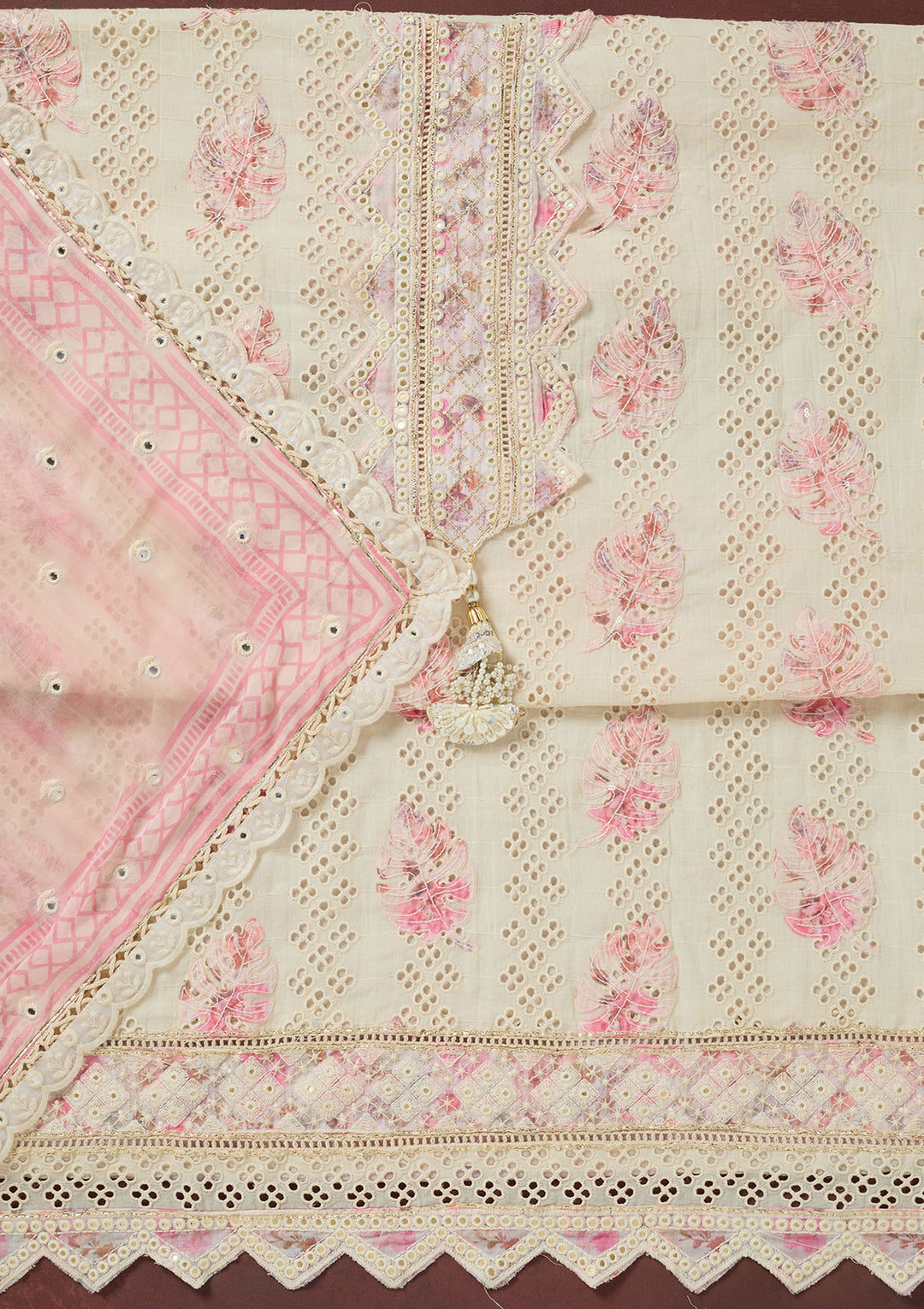 Cream Threadwork Cotton Unstitched Salwar Suit