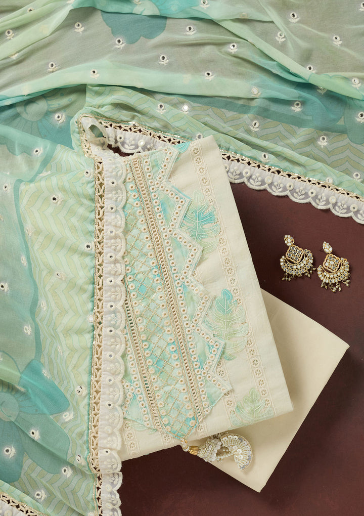 Cream Threadwork Cotton Unstitched Salwar Suit