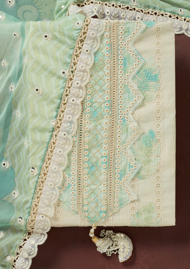 Cream Threadwork Cotton Unstitched Salwar Suit