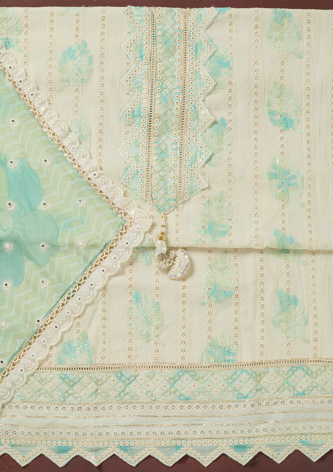 Cream Threadwork Cotton Unstitched Salwar Suit