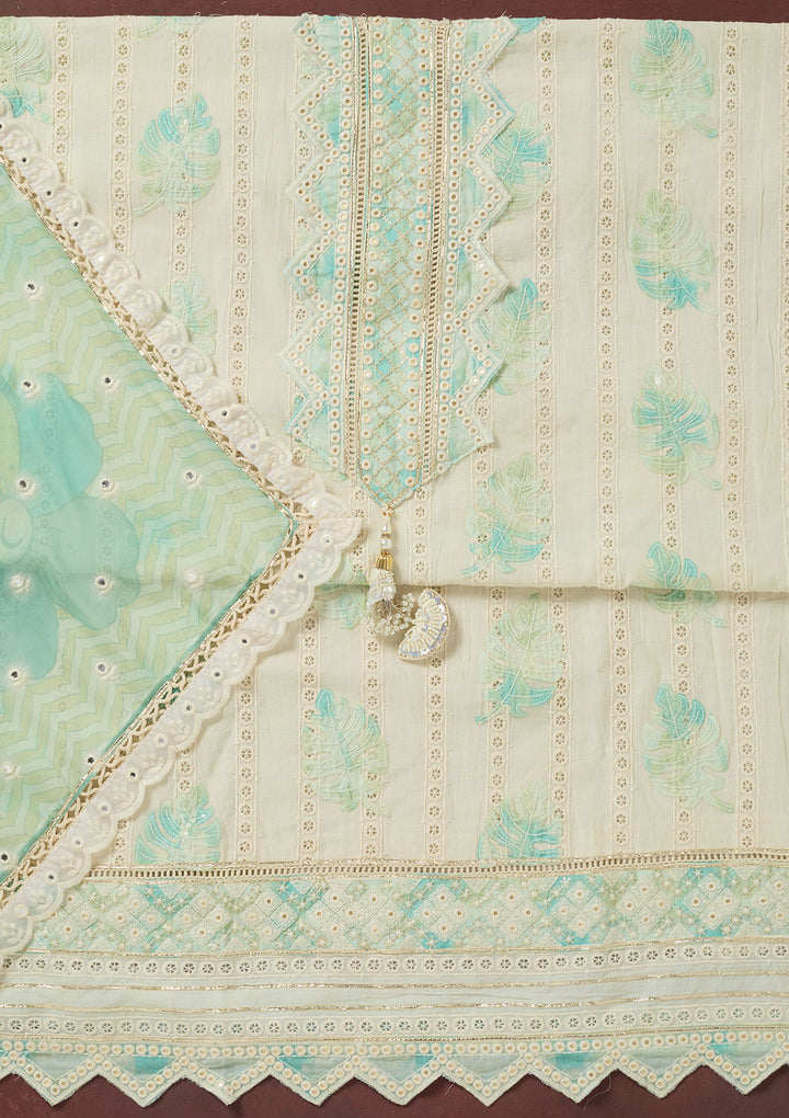 Cream Threadwork Cotton Unstitched Salwar Suit