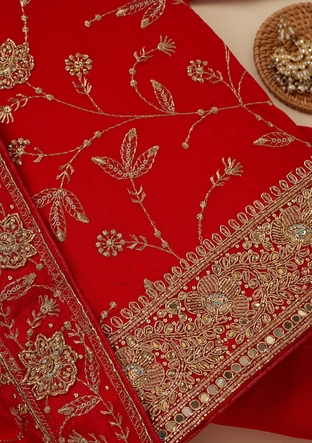 Red Zariwork (Gold) Semi Crepe Unstitched Salwar Suit