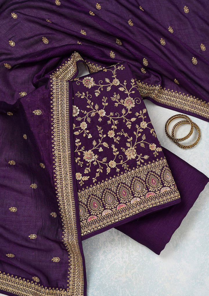 Purple Zariwork (Gold) Soft Raw Silk Unstitched Salwar Suit