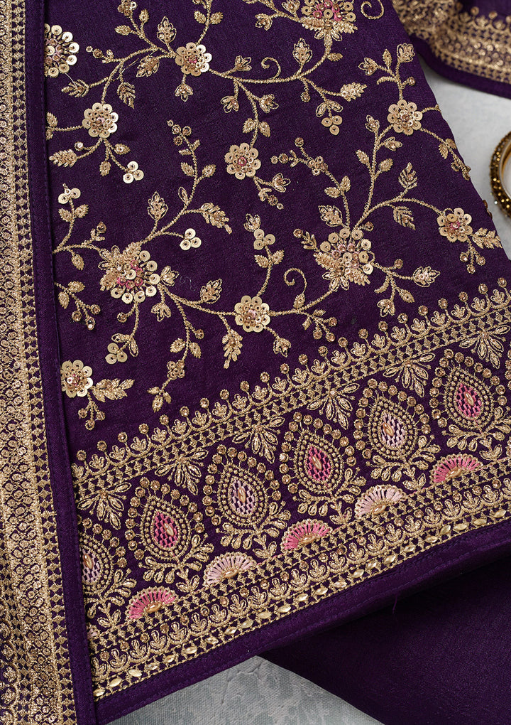 Purple Zariwork (Gold) Soft Raw Silk Unstitched Salwar Suit