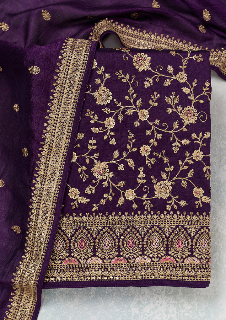 Purple Zariwork (Gold) Soft Raw Silk Unstitched Salwar Suit