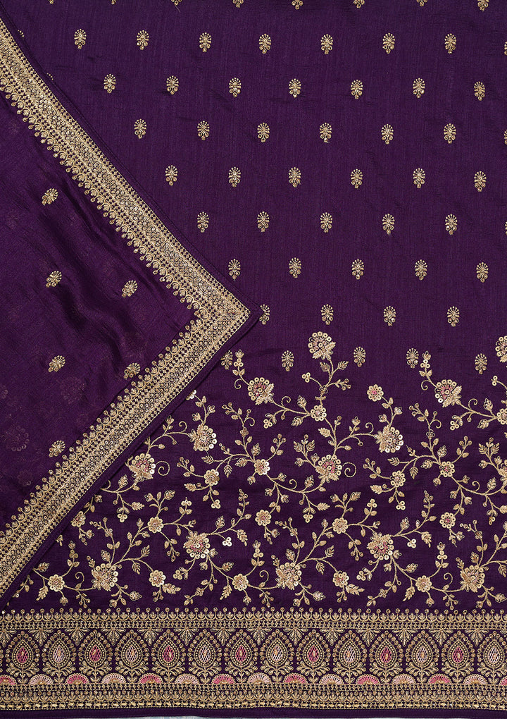 Purple Zariwork (Gold) Soft Raw Silk Unstitched Salwar Suit
