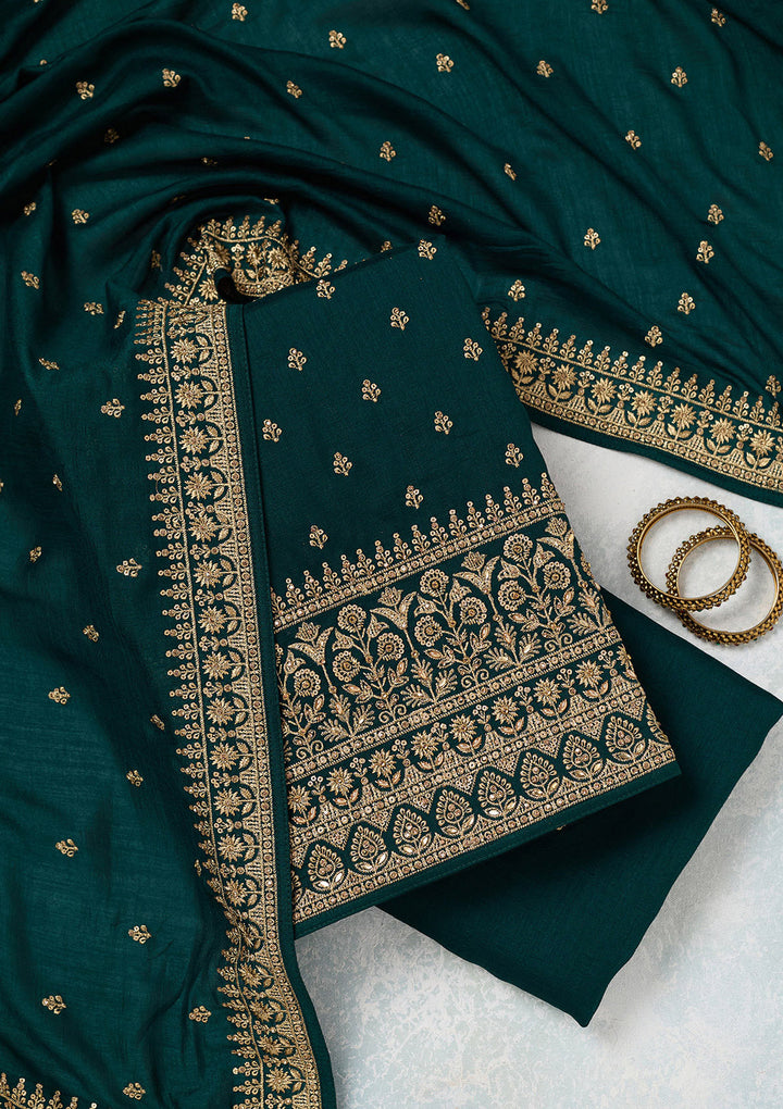 Bottle Green Zariwork (Gold) Soft Raw Silk Unstitched Salwar Suit