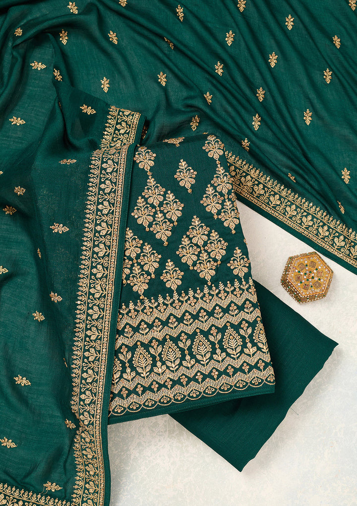 Bottle Green Zariwork (Gold) Soft Raw Silk Unstitched Salwar Suit