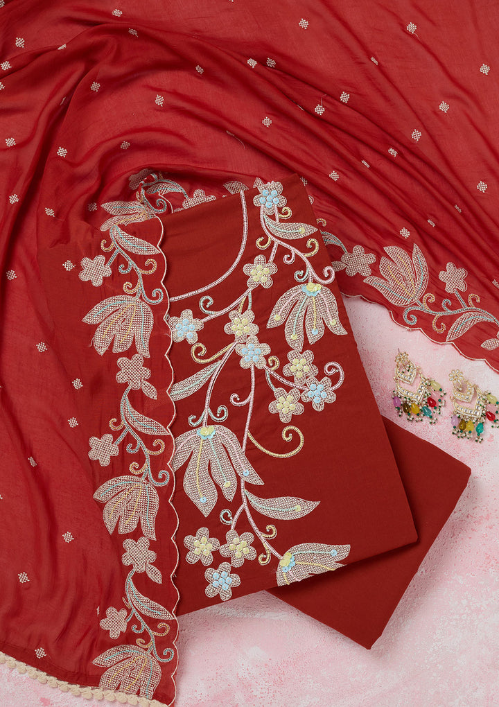Rust Threadwork Cotton Unstitched Salwar Suit