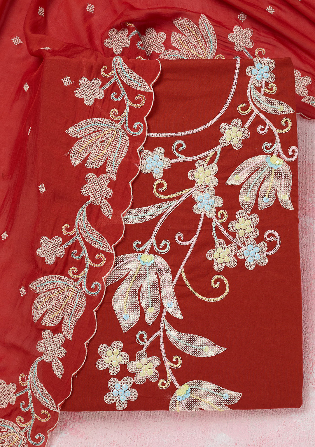 Rust Threadwork Cotton Unstitched Salwar Suit