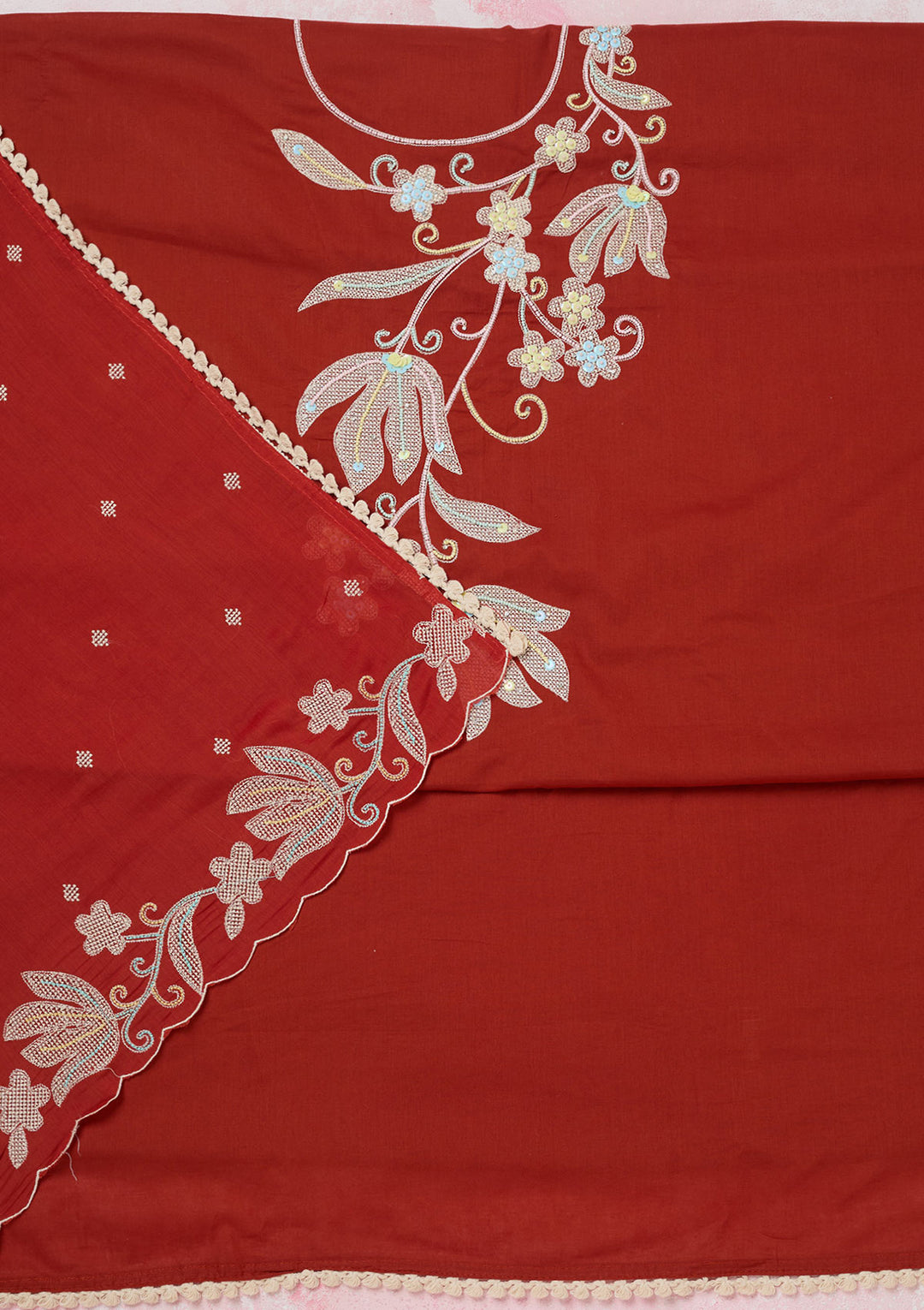 Rust Threadwork Cotton Unstitched Salwar Suit