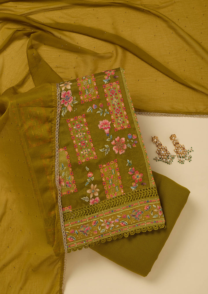 Mehandi Green Threadwork Georgette Unstitched Salwar Suit