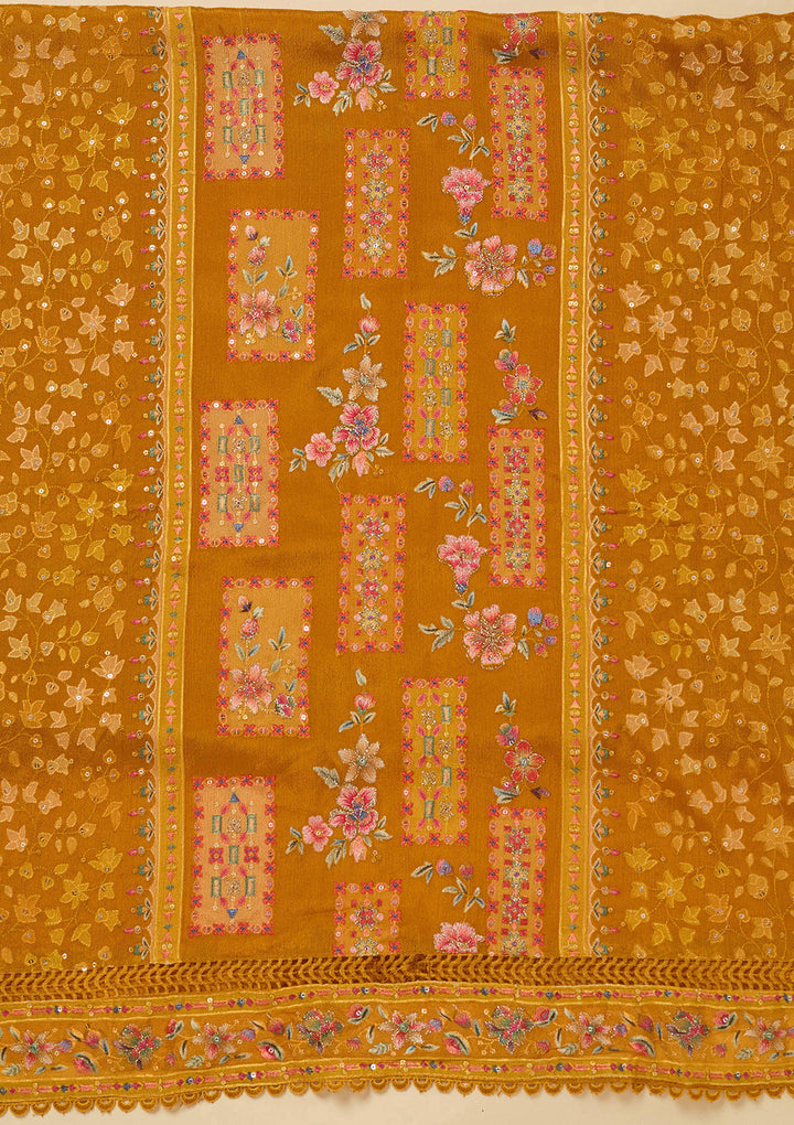 Mustard Threadwork Georgette Unstitched Salwar Suit