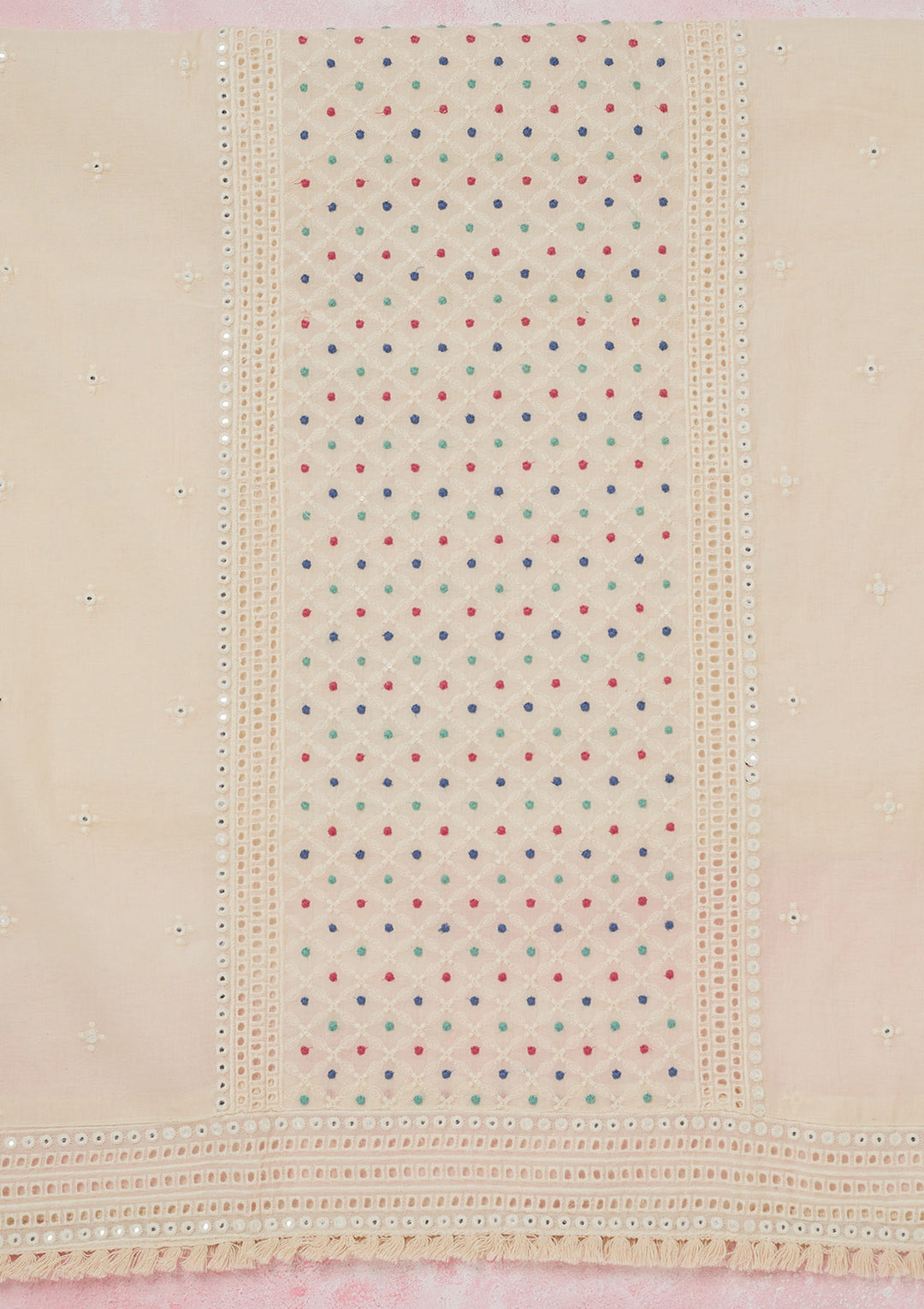 Cream Threadwork Cotton Unstitched Salwar Suit
